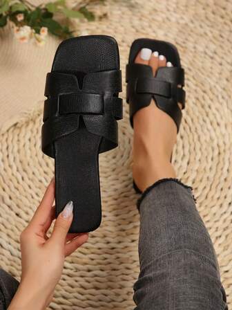 女士黑色露趾沙滩凉鞋，时尚夏季度假平底舒适透气防水防滑一脚蹬拖鞋