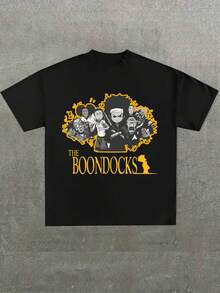 Estampa de personajes animados con nombre de serie en amarillo,Camiseta casual de cuello redondo y manga corta con estampado,adecuada para uso diario en primavera y verano,unisex - Negro - Ver 1