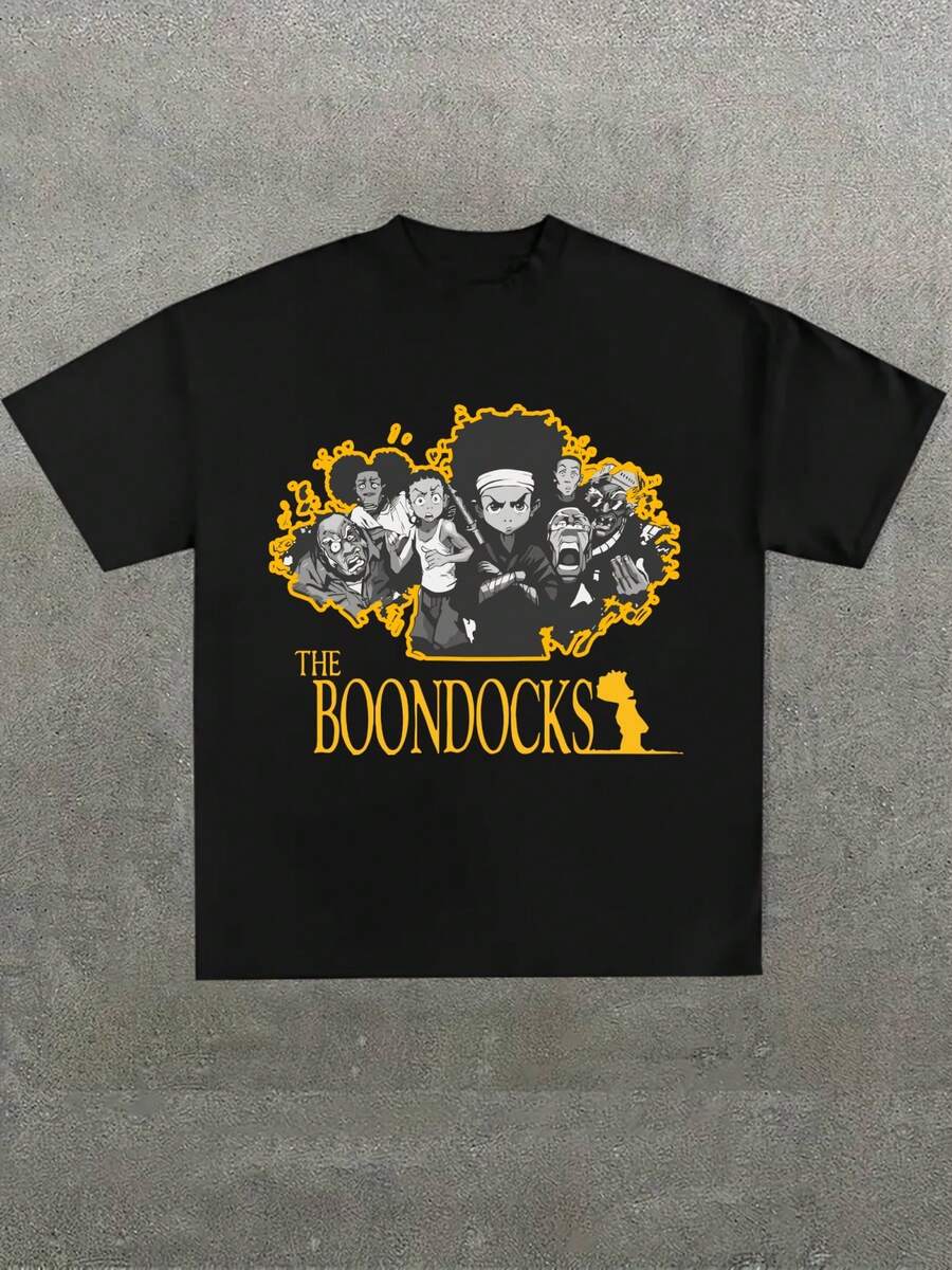Estampa de personajes animados con nombre de serie en amarillo,Camiseta casual de cuello redondo y manga corta con estampado,adecuada para uso diario en primavera y verano,unisex - Negro - Ver 1