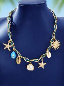 1 Pc Beach Accessories Women Braided Chain Eye Starfish Sun Charm Collar Necklace Summer Beach Holiday Jewelry