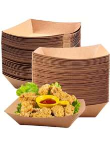 Set de 50 bandejas de papel kraft marrón para porciones pequeñas de comida para llevar, apropiadas para fiestas, reuniones, festivales y diversos aperitivos como papas fritas, pollo frito, tortas de maíz