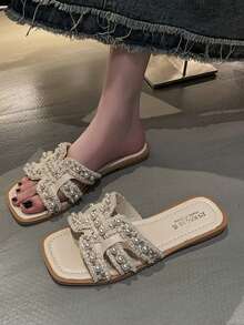 Ciabatte piatte da donna in stile francese per uso all'aperto, sandali da spiaggia versatili e morbidi con perle, estivi