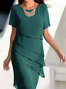 Colección de otoño e invierno Nuevas llegadas Vestido casual elegante de mujer de gasa Vestido de manga corta con cuello redondo, volantes en el bajo, suelto y transpirable para oficina, fiesta y uso diario