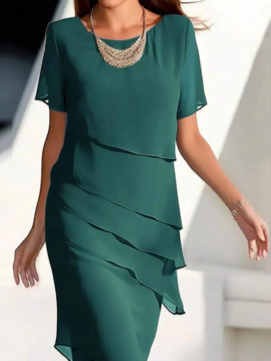 Colección de otoño e invierno Nuevas llegadas Vestido casual elegante de mujer de gasa Vestido de manga corta con cuello redondo, volantes en el bajo, suelto y transpirable para oficina, fiesta y uso diario