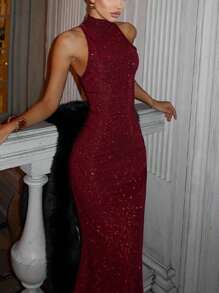 conciso Glitzer-Ärmellos Slim Damen Sexy Elegant Glänzend Hohe Taille Frühling Sommer Maxikleider Abend Club Party Mikropermeable