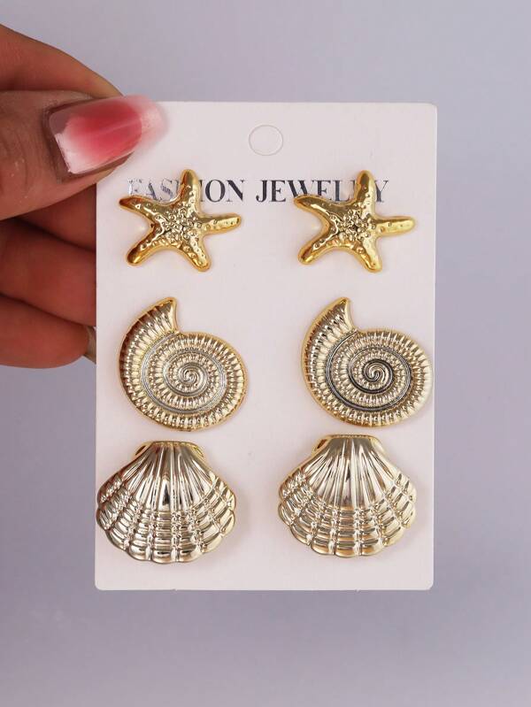 Set de 6 pares de pendientes de mujer con diseño de estrella de mar y concha, de estilo veraniego y vacacional, en color dorado. Apropiados para uso diario, playa de verano y conjuntos casuales.
