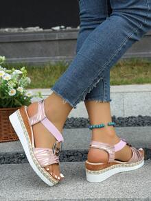 Giày sandal đế xuồng nữ, kiểu dáng thời trang, thoải mái và năng động, trang trí sọc bạc, màu hồng, thích hợp cho đi chơi hàng ngày, mua sắm, đi dạo. Giày sandal đế xuồng vải thoải mái dành cho nữ. - Hồng - Xem 5