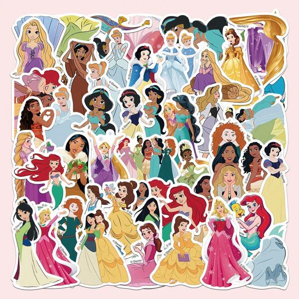 Disney 52 piezas Pegatinas de princesas Disney, anime, Blanca Nieves, La Sirenita, dibujos animados, grafiti para estuche de teléfono, cuaderno, iPad, vaso, resistentes al agua