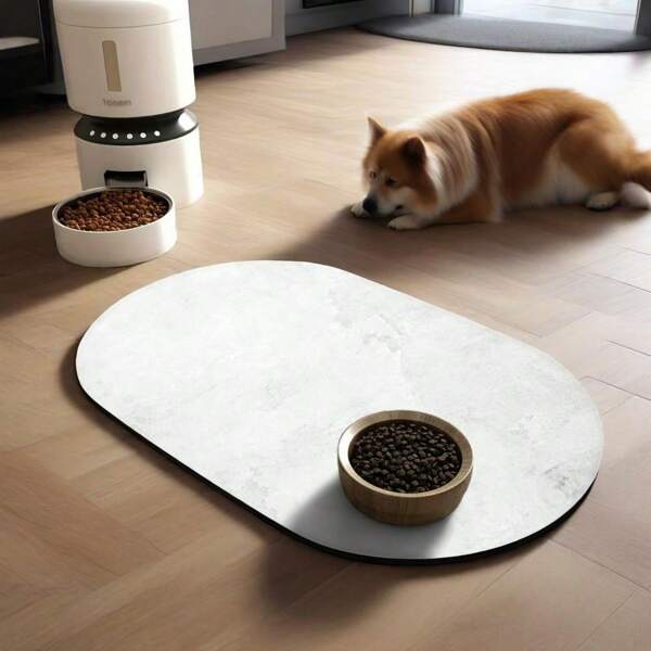 1 pièce Tapis ovale gris absorbant pour les aliments des animaux de compagnie, tapis antidérapant et séchage rapide pour la fontaine d'eau. Fournitures pour chiens et chats, nécessités pour chats, tapis d'alimentation pour chiots et chiens, tapis d'alimentation pour chats