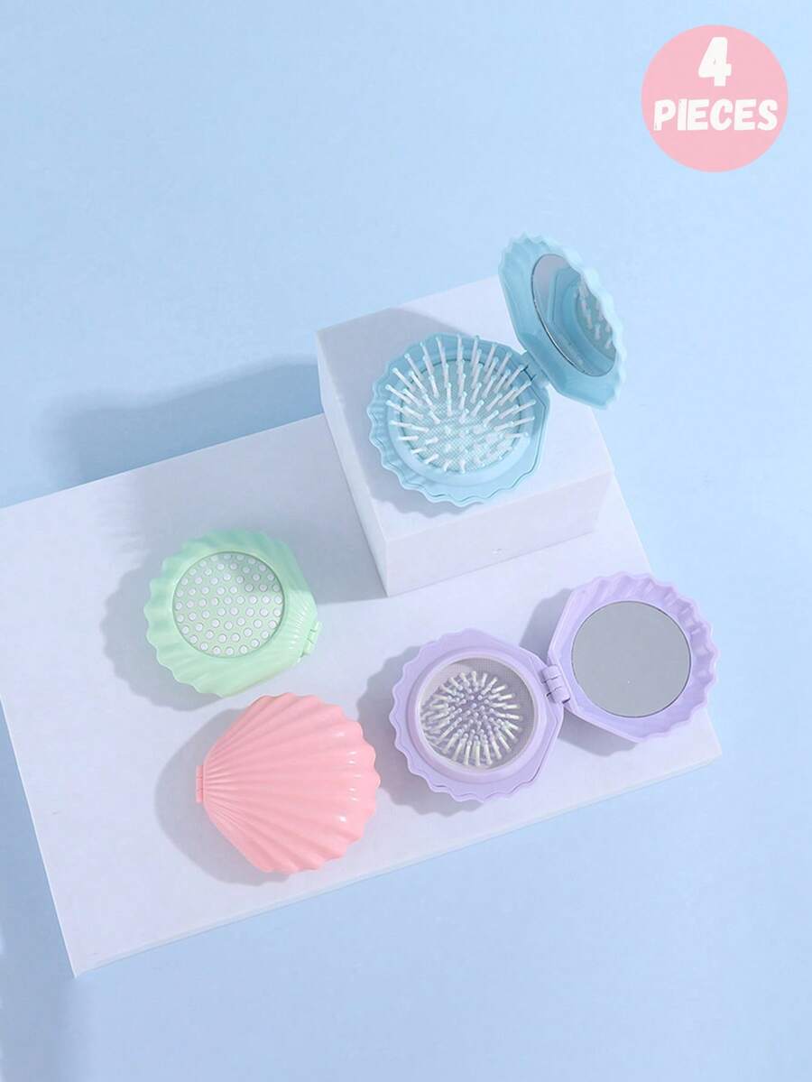 4件/3件/2件/1件儿童马卡龙色贝壳造型ABS折叠镜梳套装，可折叠便携旅行梳，适合普通发质，是送给孩子的理想礼物 - 彩色 - 查看 1