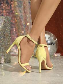 女士黄色性感露趾高跟凉鞋，舒适圆头踝带细跟高跟凉鞋，金色