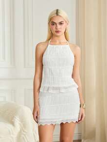 Womens Two Piece Summer Outfits Sleeveless Ruched Halter Tops And Mini Skirt Set Clubwear - 白色 - 查看 1