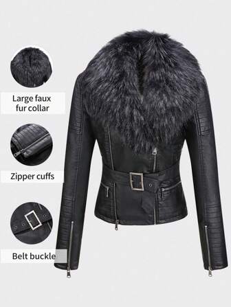 女士秋冬仿皮夹克可拆卸毛领摩托车假毛领夹克赠送腰带