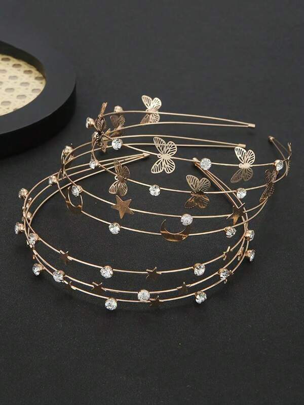 1 pieza Diadema de mujer multicapa de metal con estrellas y lunas de cristal, accesorios para el cabello con mariposa, diadema de doble capa, accesorios para el cabello dorados, diadema para mujeres, accesorios para el cabello, aro para el cabello