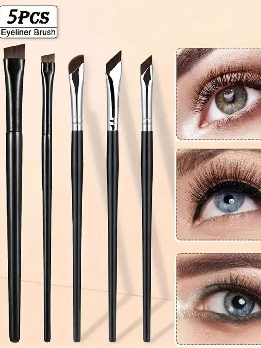 5 件斜角细尖眼线刷套装，初学者化妆眉毛和眼睑刷工具套装，便携式眼妆配件推荐
