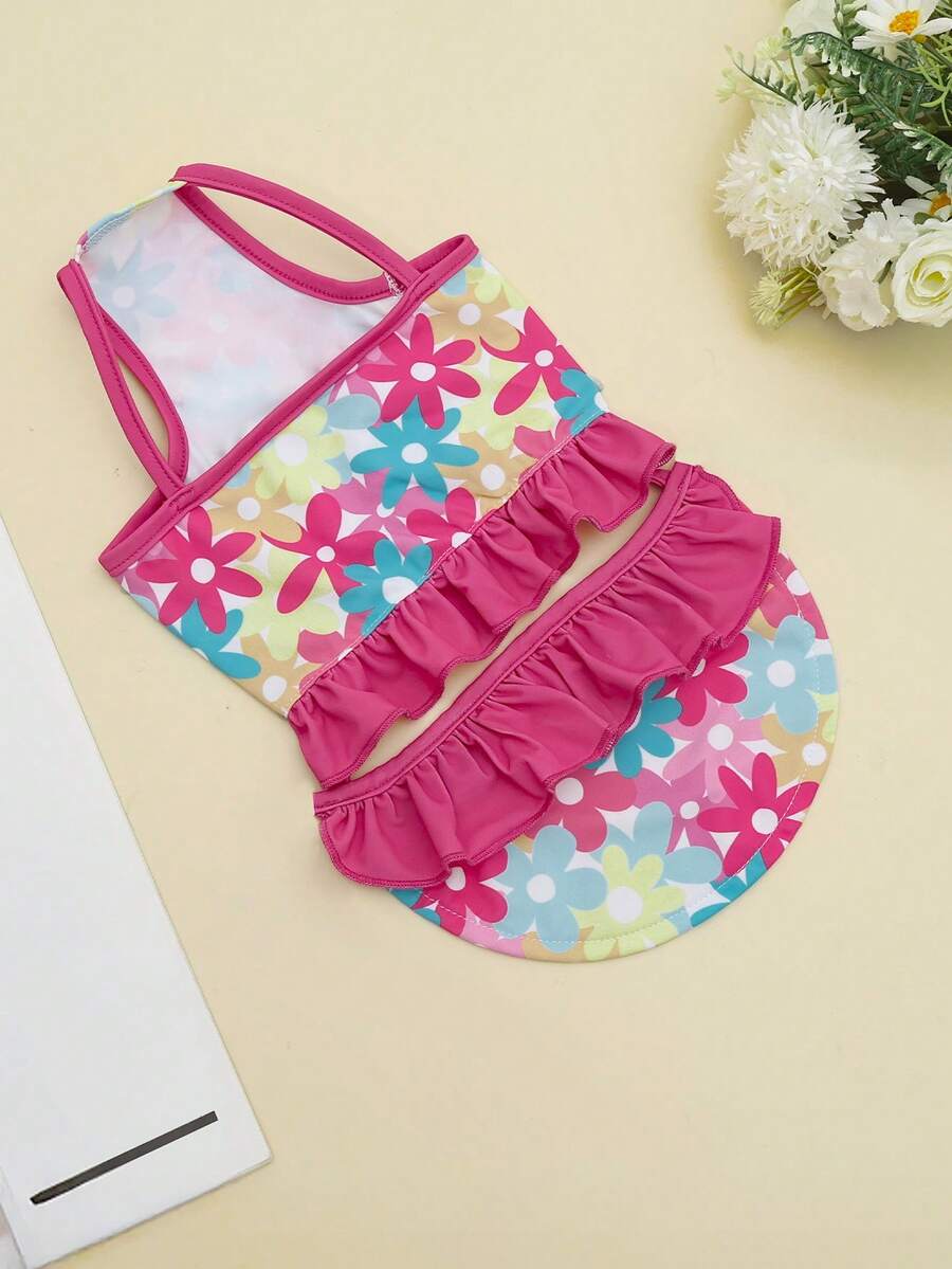 1件宠物狗荷叶边印花连衣裙，适合日常穿着，夏季游泳和摄影，清爽可爱 - 彩色 - 查看 1