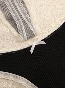 Paquete de 5 bragas tipo G con ribete de encaje y moño sexy, de colores múltiples, para mujeres