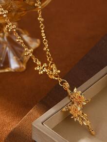 1pc Vintage Luxury Women's Rose Cross Pendant Necklace With Inlaid Colorful Cubic Zirconia, High-End Jewelry, Wedding Anniversary Gift, Suitable For Formal Events, Comes In Velvet Pouch Packaging - Gold - View 4