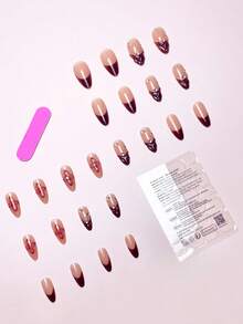 立即提升您的外观，24 件/套杏仁形 3D 花卉勃艮第法国波浪水钻全覆盖按压假指甲，含 1 件果冻凝胶和 1 件指甲锉套装，增添浪漫气息，让您看起来甜美，适合日常约会美甲用品指甲 - 彩色 - 查看 3