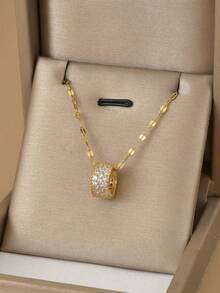 1pc Fashionable Rhinestone Circular Pendant Stainless Steel Necklace, Gold Jewelry, Gold Necklace, Gift - Yellow Gold - View 13