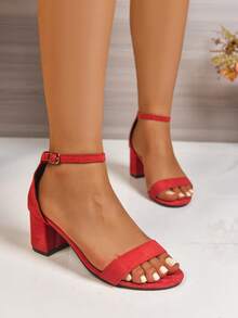 2025 欧美风格粗跟玫瑰红色扣带高跟凉鞋女