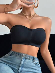 女士无肩带文胸，无缝，性感单肩裹胸前防滑钢圈文胸，前扣，适合所有季节 - 黑色 - 查看 3