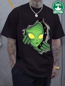 100% cotton new men's casual style short-sleeve high-quality T-shirt, summer breathable round neck, machine washable, printed couple's matching top + black Alien Face And Hands Design Suitable for sports and daily casual wear - Negro - Ver 1