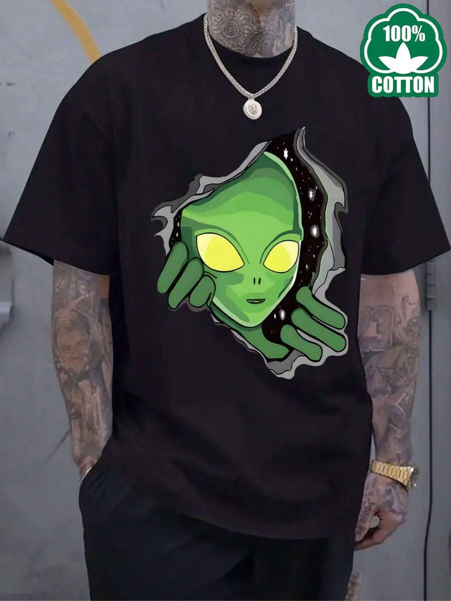 100% cotton new men's casual style short-sleeve high-quality T-shirt, summer breathable round neck, machine washable, printed couple's matching top + black Alien Face And Hands Design Suitable for sports and daily casual wear - Negro - Ver 1