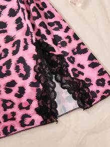 1 件女式性感豹纹撞色蕾丝印花开衩下摆吊带睡袍 - 西瓜粉 - 查看 4