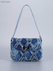 Geantă de umăr simplă din denim la modă, cu design brut la margini, pentru vacanță, întâlniri, cumpărături, cadouri, naveta, facultate, sărbători, viața de zi cu zi.