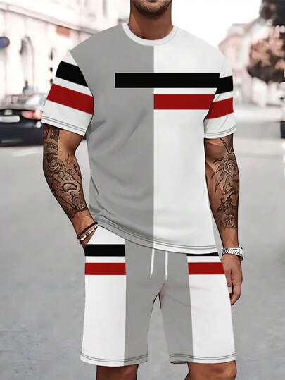 Sommar Herr 2-delars Casual Set, Vit Splicing Print Kortärmad T-shirt + Dragsko Sportshorts, Utomhus Rund Hals Träningsdräkt