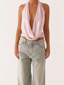 Womens Y2k Halter Top Sequin Sparkly Cowl Neck Tank Tops Sleeveless Backless Glitter Camisole Going Out - Hồng - Xem 4