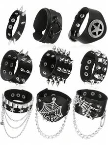 Xiacheng 1/6/9 Pieces Spiked Studded Bracelet Black Leather Rivet Punk Bracelet Cuff Wrap Bangle Snap Button Metal Wristband For Men Women