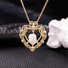 Pearl Skull Necklace Heart Skull Pendant Carved Pearl Pendant Gothic Jewelry White Pearl Pendant Gothic Pendant Skeleton Pendant - 金色 - 查看 3