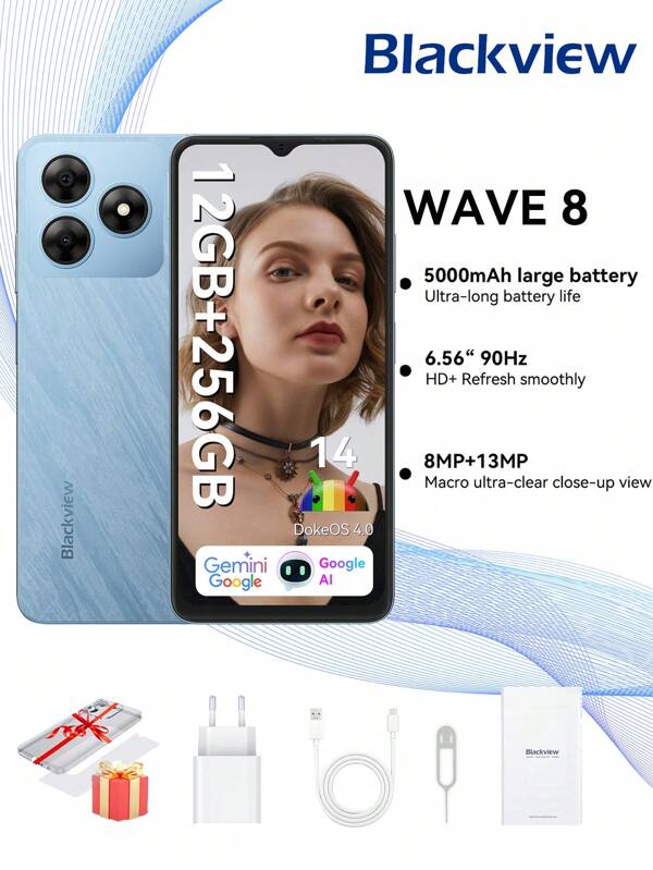 Blackview WAVE 8 Entsperrtes Handy (Neu 2025), 12GB (4+8 erweiterbar) RAM + 256GB ROM/2TB erweiterbar Android Smartphone, Android 14 Smart KI, 5000mAh Akku 18W Schnellladung, 6,52" HD+ Display, 3 Kartenschlitze, Gesichtserkennung Entsperrung für EU Sommer Technik Boost