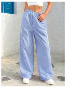 Pantalones anchos con cordón flojo de rayas para adolescentes - Azul - Ver 7