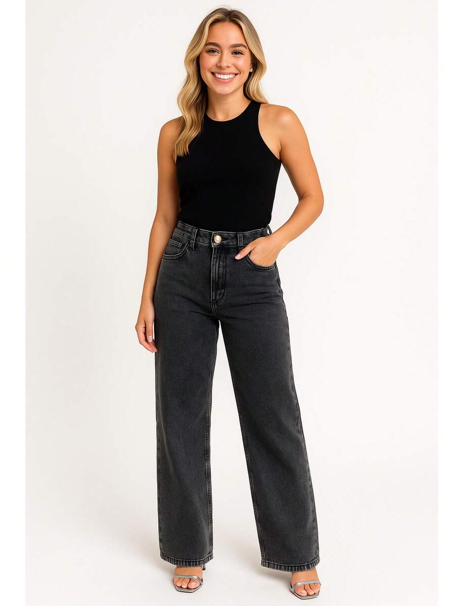Wide Leg Jeans High Waist Simple Casual Jeans Zipper Pocket Button Evening Holiday Daily Travel Autumn Winter - Negro - Ver 1