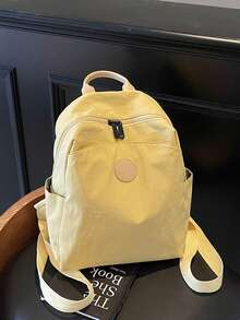 1pc Plain Fabric Double Washed Nylon Lightweight Large Capacity Travel Backpack, Simple And Portable School Backpack For College Students - Yellow - View 3