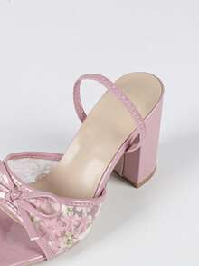 女士粉色方头粗跟凉鞋，时尚百搭性感派对连衣裙，修身显腿高跟鞋 - 粉色 - 查看 8