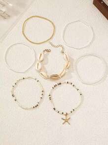 7pcs/Set Women Beach Vacation Seashell Starfish & Rice Bead Bracelets Boho Style Bangles