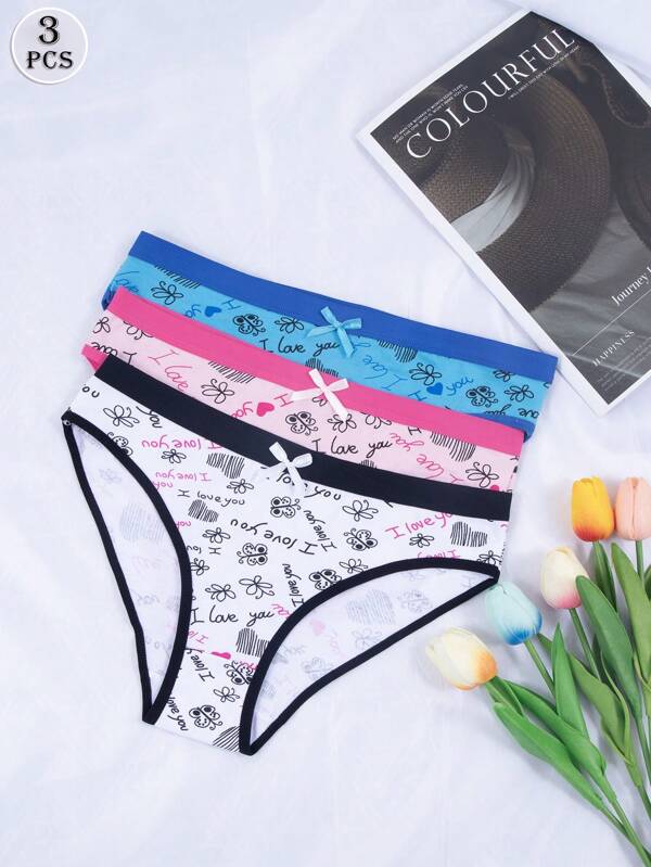 3-delige set dames slipjes met schattige bloemenprint en lage taille, comfortabel en eenvoudig
