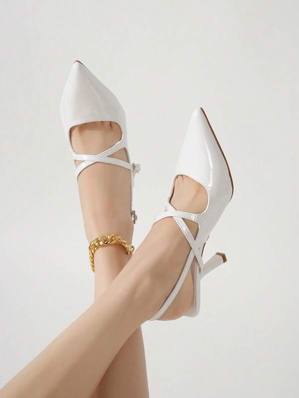 Sexy Cross-Strap Burgundy High Heels For Women, Fashionable Pointed Toe White Ankle Strap Party High Heels