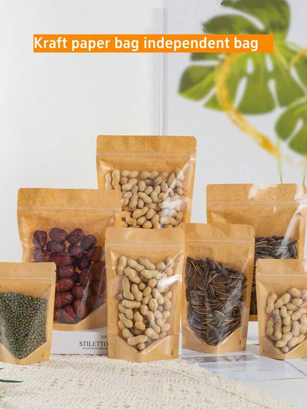 50pcs Transparent Brown Paper Front Ziplock Plastic Packaging Bags, Doypack Vertical Zipper Resealable Bags For Nuts, Coffee, Food Storage