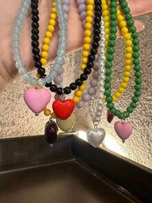 1pc Fashionable Minimalist Glass Bead Necklace With ABS Plastic Heart Charm, A Gift Or Everyday Wear - Heart Pendant Necklace - View 1