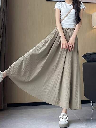 AuroraSilk 女士休闲中长裙，纯色，喇叭下摆，常规版型，适合购物和度假，女士裙子