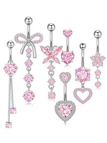 7 PCS Pink Butterfly, Flower, Heart Shaped Stainless Steel Navel Rings, Piercing Jewelry Suitable For Daily Wear - Belly ring - View 12