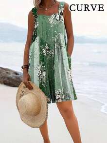 Plus Women's Floral Print Sleeveless Jumpsuit Shorts - Green - View 1