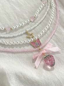 4pcs/Set Handmade Beaded Necklace Set For Women, Elegant Fashion Choker, Kawaii Party Flower Star Bow Pendant, Faux Pearl Bead, Minimalist Jewelry, Gift For Girlfriend