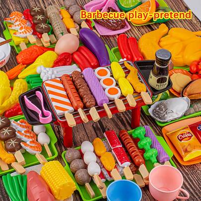 Pretend Play Kids BBQ Toy Set, Grill, Tray, Realistic Food, Kitchen BBQ Skewers Roasted Meat Skewers Set, Birthday Holiday Gifts For Boys And Girls