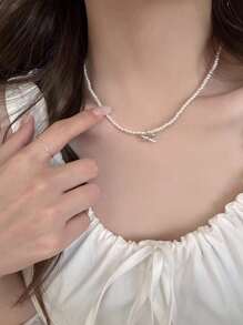 2 Pieces Of Elegant Rhinestone Bowknot & Faux Pearl Necklace, Delicate Fresh And Simple Luxury Choker Necklace For Women